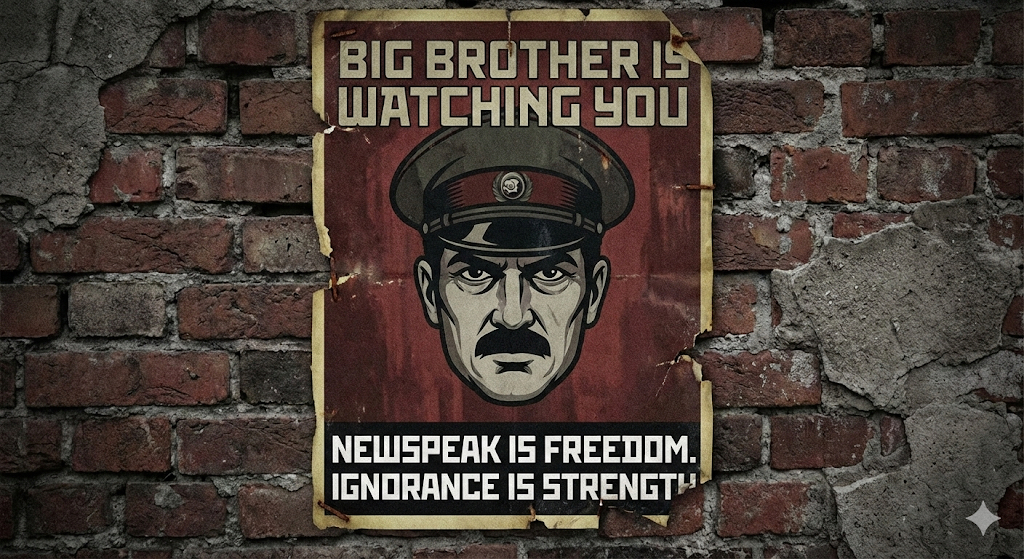 Propaganda-style poster reading “Big Brother Is Watching You,” referencing Newspeak’s linguistic control.
